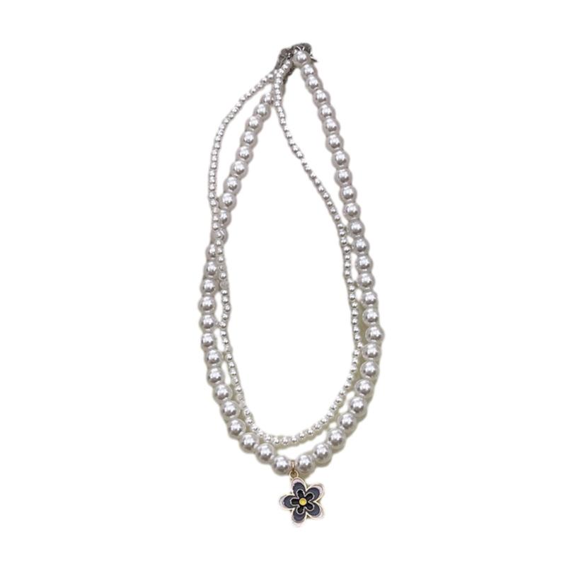 Y2K Style Double Layered-Pearl Clavicle Chain Flower Pendant Choker Necklace Fashion Jewelry Gift Dainty Beaded Necklace