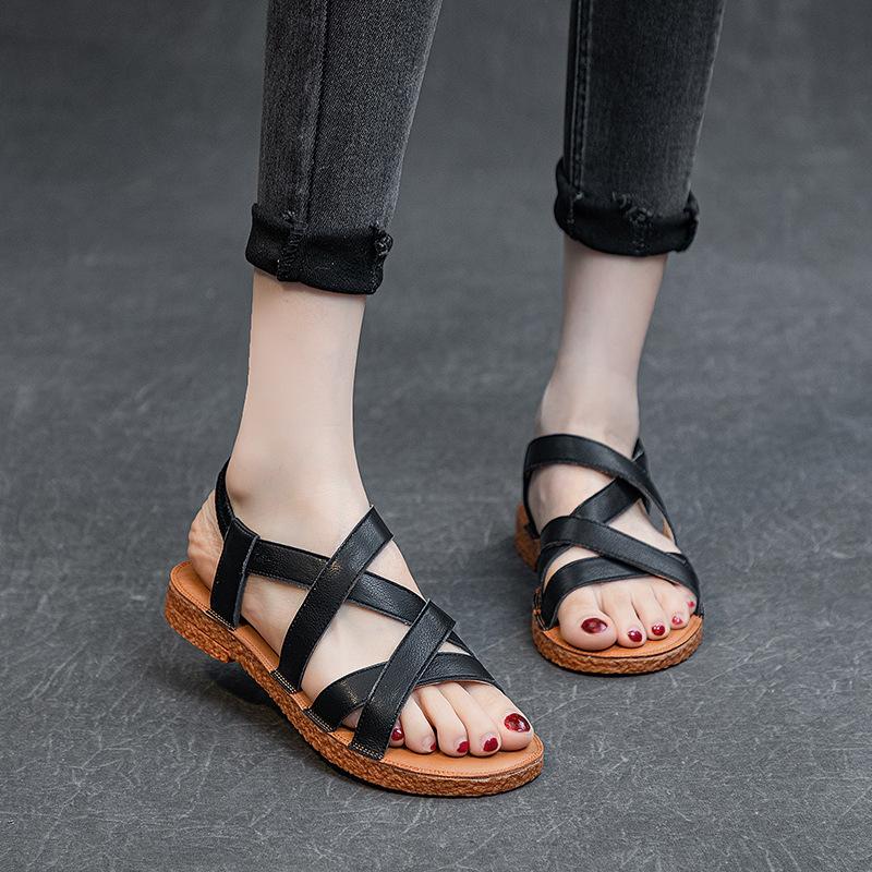 2025 new summer cowhide cross flat heel rubber soft sole casual breathable light foot cover solid color Roman sandals women
