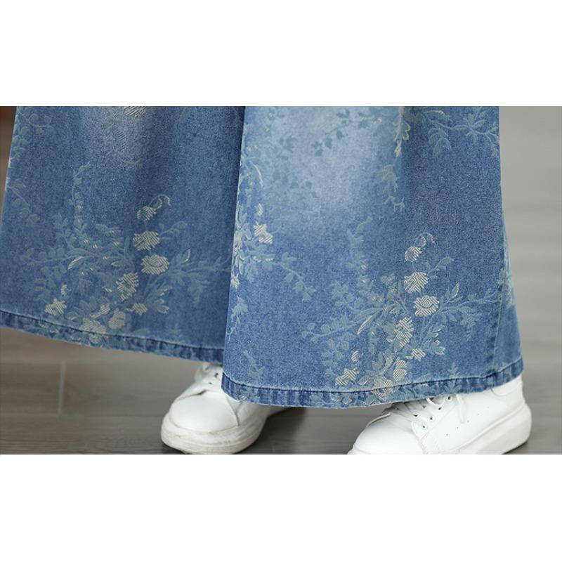 DIMANAF 2025 New Summer Basic Elastic Jeans Pants Women Loose Floral Printing Trousers Casual Denim Wide Leg Pants