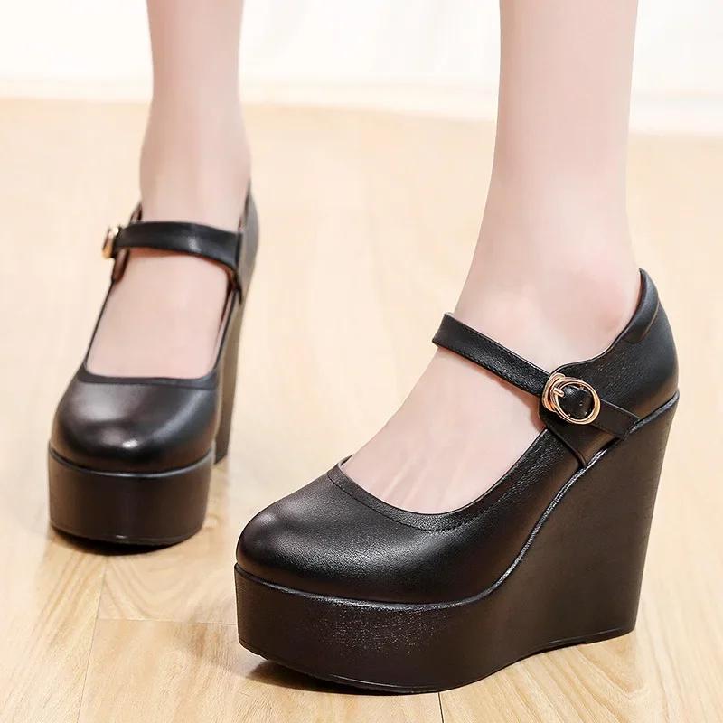 Small Plus Size 33-43 Genuine Leather Shoes Platform Wedges Mary Janes Women Spring 2025 High Heels Pumps for Office Model