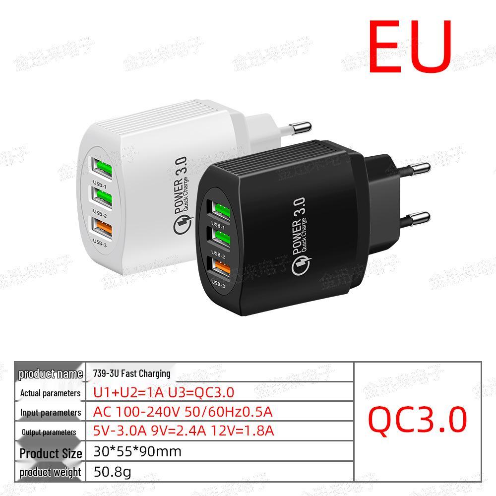 QC3.0 3-USB Multi-Port Charger: 2.4A Fast Charging Head for EU, US, UK Standards.