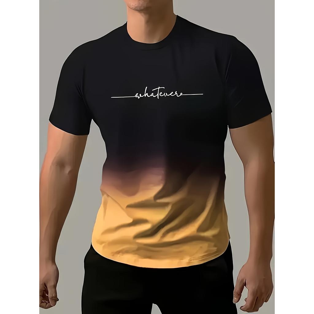 Gradient Color And Alphabet Pattern "WHATEVER" T-shirt With Crew Neck And Short Sleeve, Casual And Comfy Sports Tops