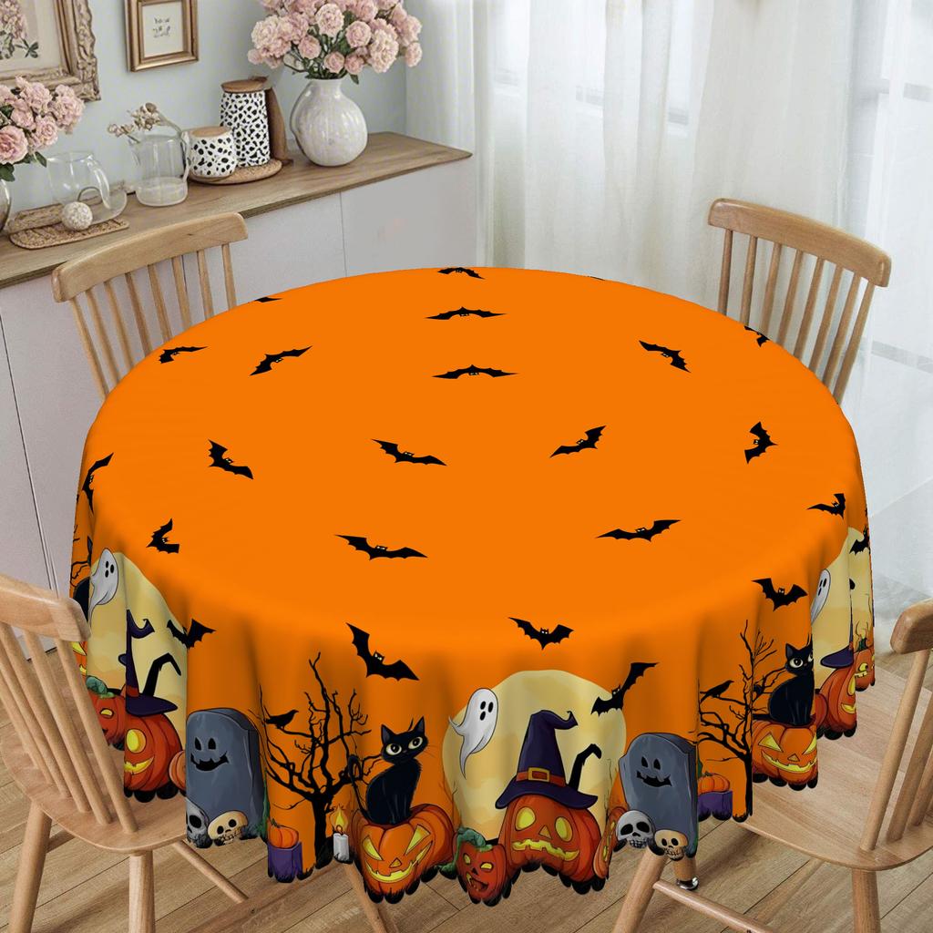 1 Piece Halloween Round Tablecloth Tablecloth, Tombstone, Black Cat, Pumpkin Bat Pattern, Halloween Gift.