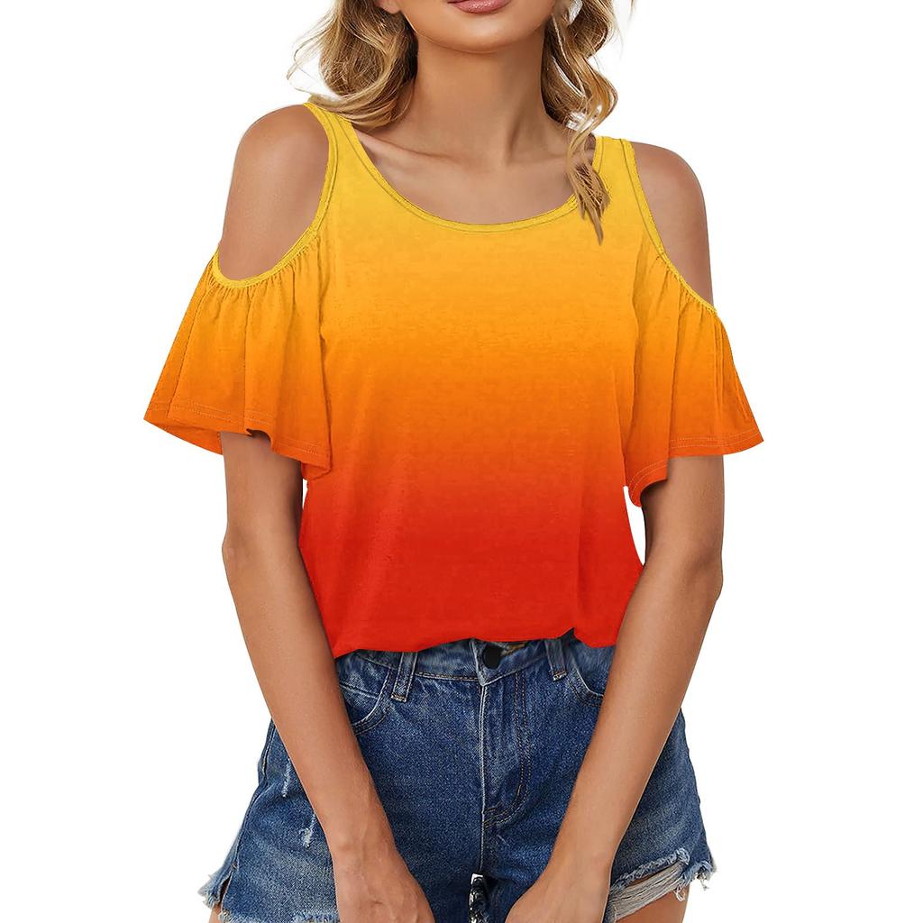 Top da Donna Casual Traspirante Largo Sulla Spalla Manica Corta Foglia T-shirt Colore Sfumato