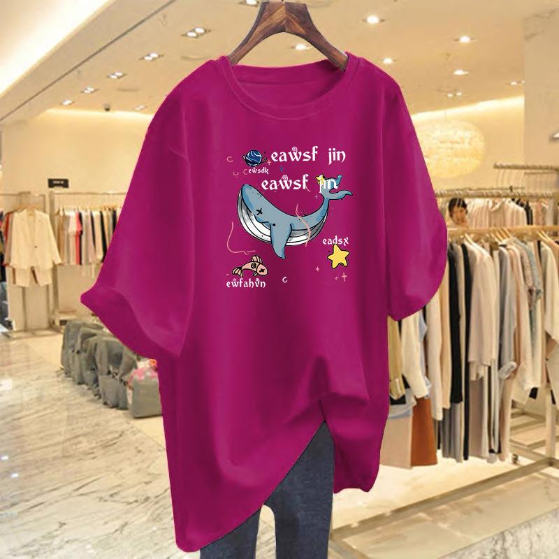 New whale print cotton casual short-sleeved loose top summer cartoon pattern t-shirt women