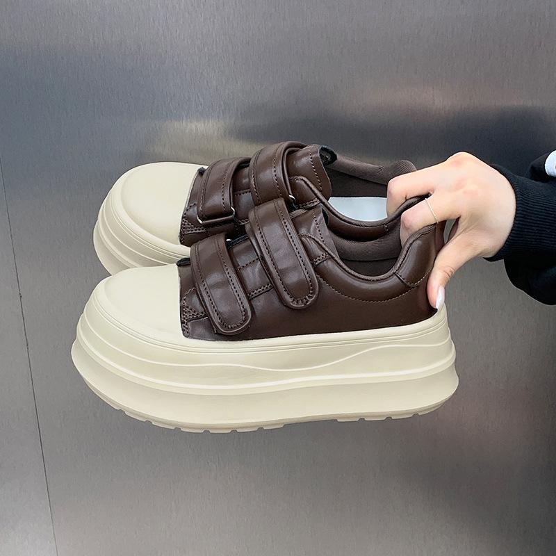 Ugly Cute Leather Velcro Thick-soled Little White Shoes Women's 2025 Autumn New Models Increase Height and Show Feet, Small Board Shoes, Big Head Sho