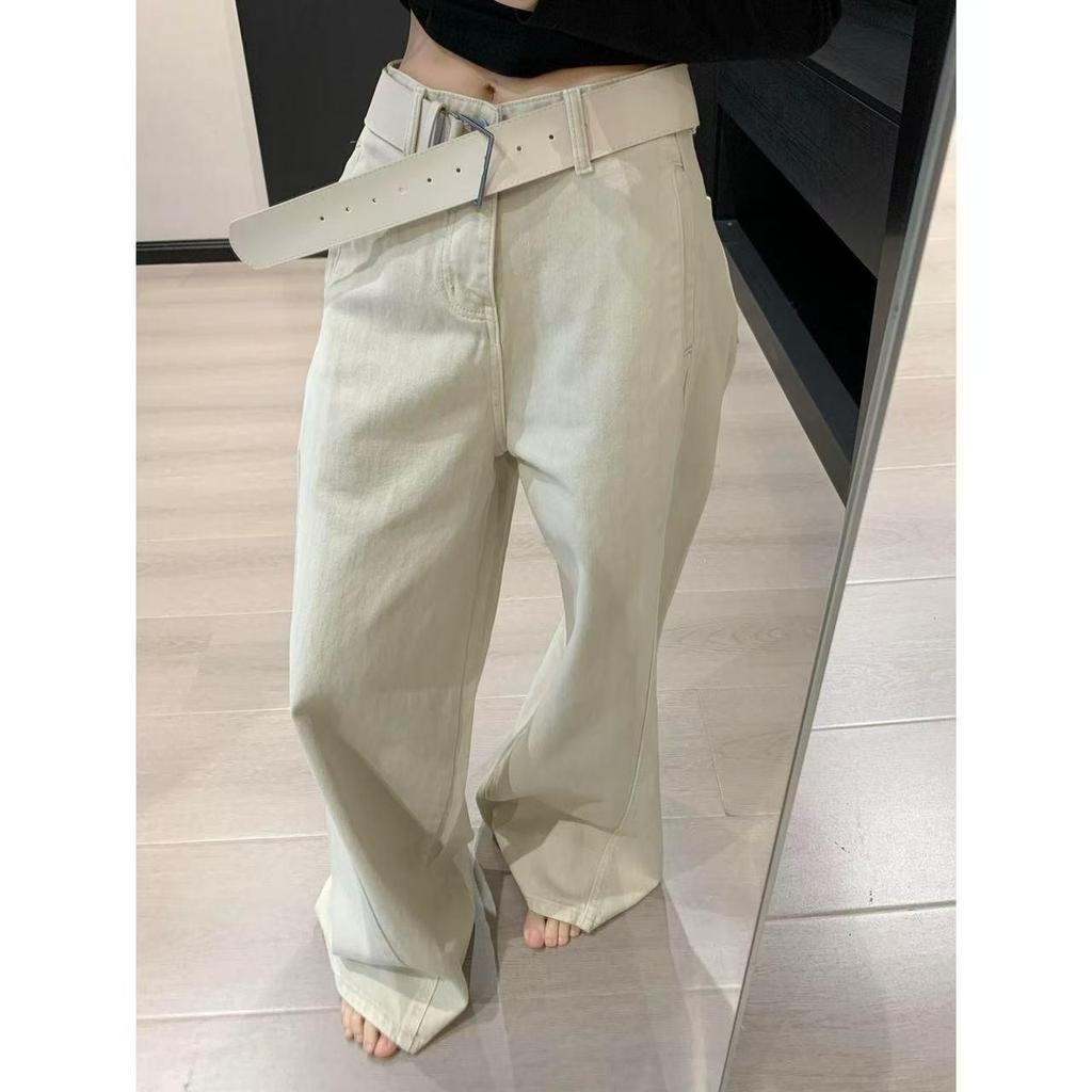 Women's High-Waisted Retro Apricot Wide-Leg Jeans with Loose Drape and Floor-Length Design