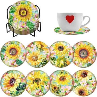 8 bucăți/set de suporturi de pahar din lemn cu floarea-soarelui pictate cu diamante, cu suporturi, suporturi de pahar DIY pentru începători și adulți, articole de artă și meșteșuguri, cadouri