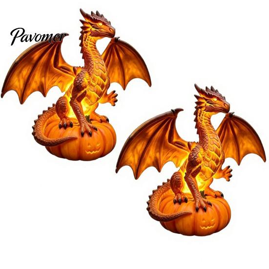 Autumn Holiday Party Ornament Dragon Solar Garden Light, Halloween Night Resin Gothic Pumpkin Warm Ambient LED Nightlight Statue, Medieval Fantasy for