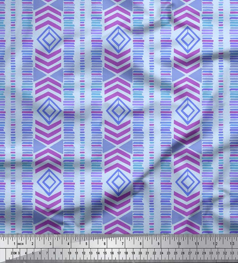 Soimoi Blue Japan Crepe Satin Fabric Aztec Geometric Print Fabric by the Metre 42 Inch
