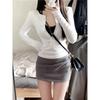 Grey Front Shoulder Single-breasted Long-sleeved Shirt Women's Spring Slim-fitting and Thin Spice Girl Style Bottoming Shirt Versatile Top