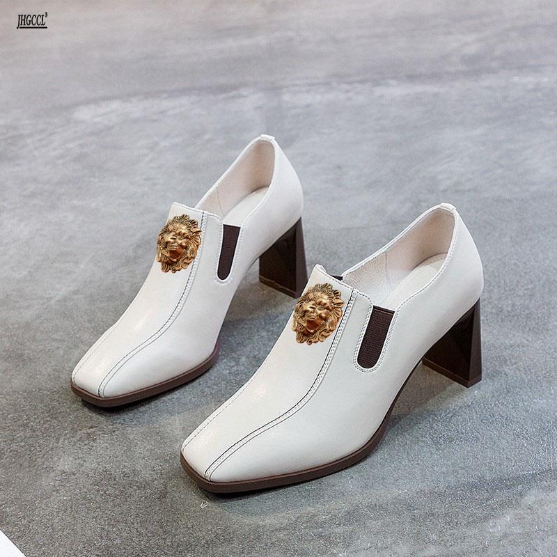 

New autumn and winter women s casual style small leather shoes thick heels square toe, deep mouth sleeve single high heels N7 34