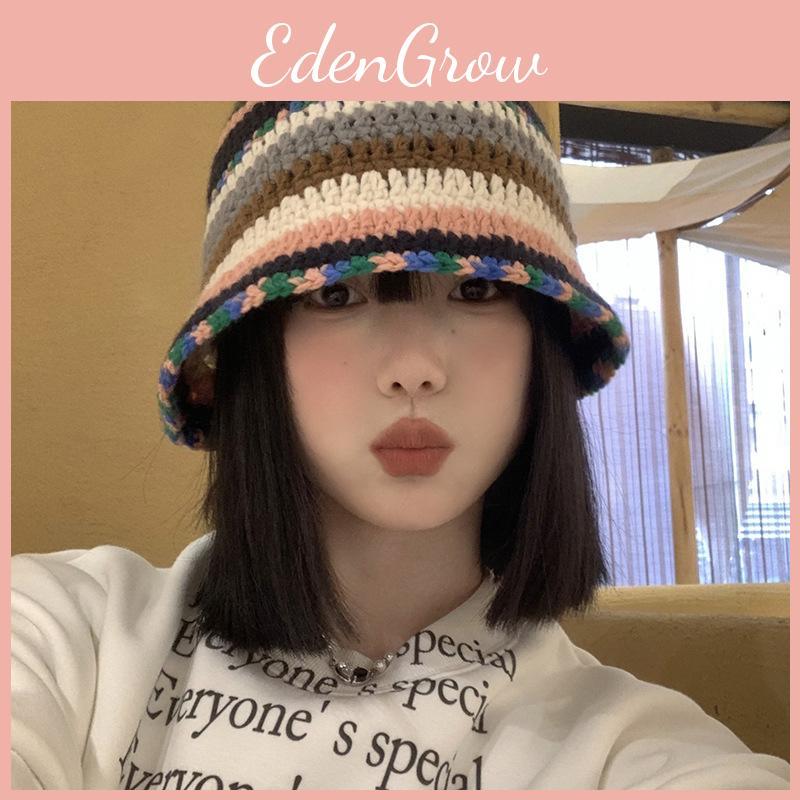 Handmade Knit Color Block Fisherman Hat Women Winter Warm Wool Cap Ins Style