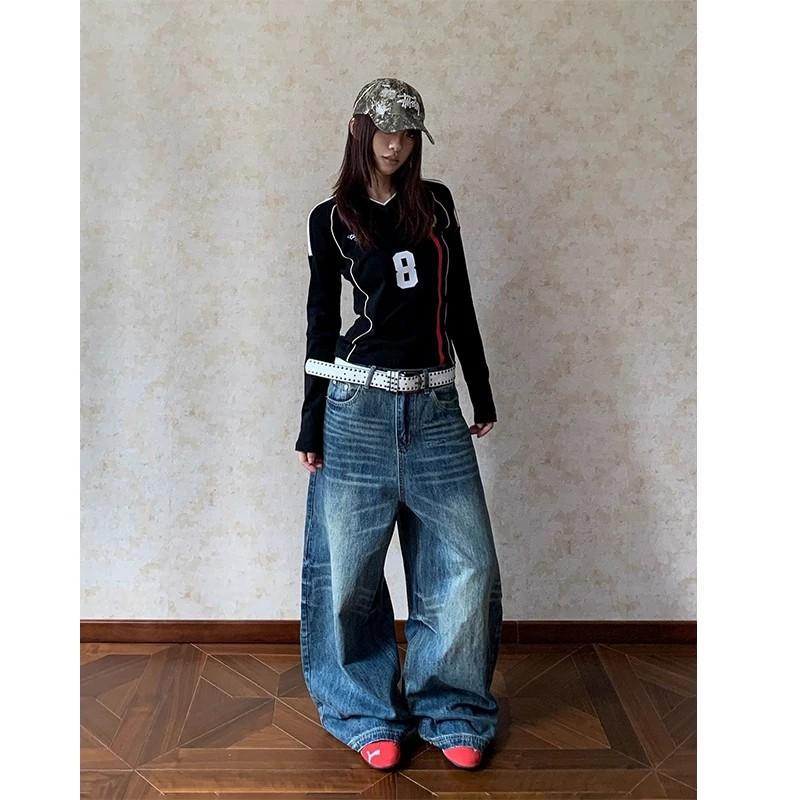 Men's and women's silhouette washed wide-leg scimitar thin American cat whisker pants fit versatile casual jeans loose cl