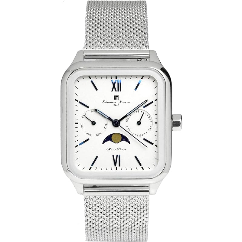

[Salvatore Mara] watch moon phase square square shape multi calendar business formal men s stainless mesh belt Limited model silver white