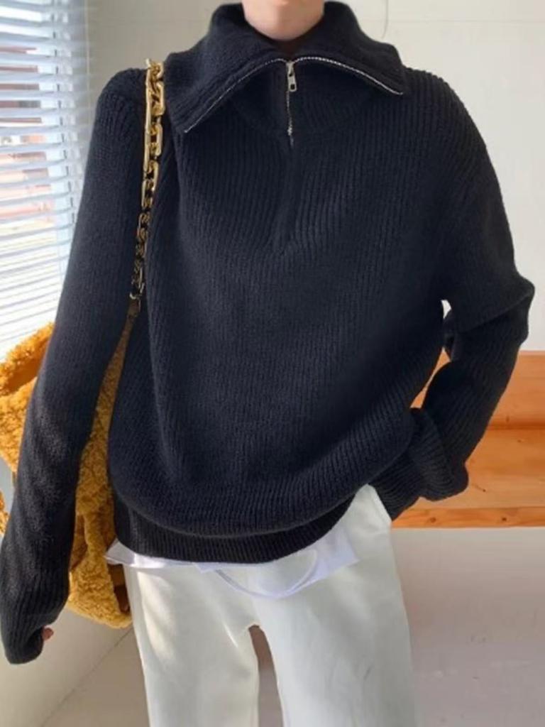 Zipper Large Laps Solid Color Sweater Loose Pullover Sweater Jacket