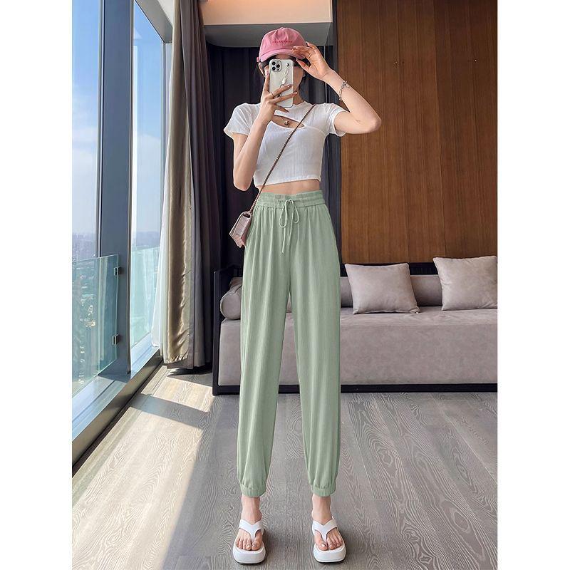Ice Silk High-Waist Loose Joggers - Women s Summer Lightweight Drapey Pants S (80-95 Jin)