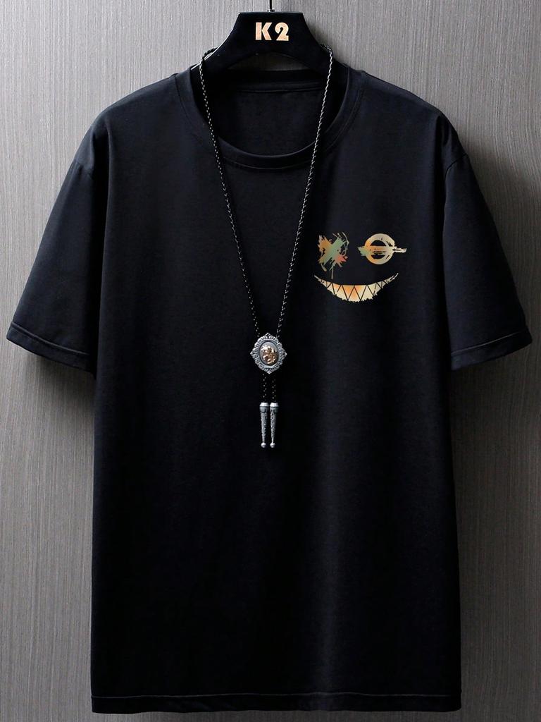 Manfinity LEGND Men T-Shirts Fit Crew Neck Short Sleeve Graphic Tee Smile Face Casual Summer Polyester