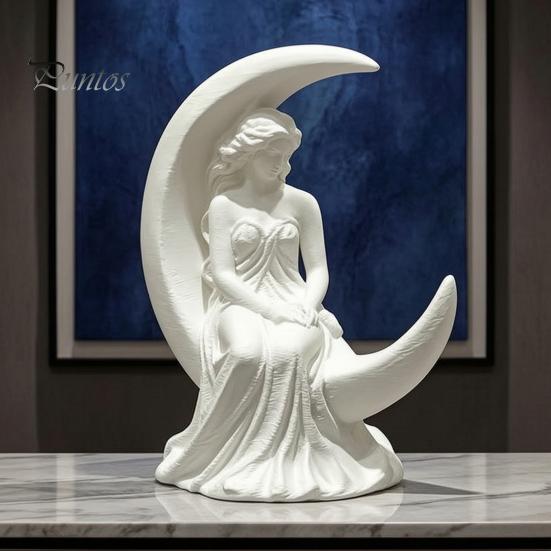 Modern Home Decoration Moon Goddess Fairy Figurine, Matte White Sculpture, 3D Printed PLA Elegant Ornament Winged Statue, Mystical Fantasy for