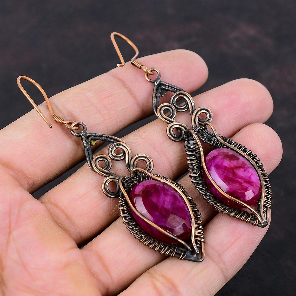 Faceted Kashmir Ruby Earring Copper Wire Wrapped Jewelry Natural Gemstone Earrings Copper Earring Handmade Jewelry Wire Wrap Earring For Mom