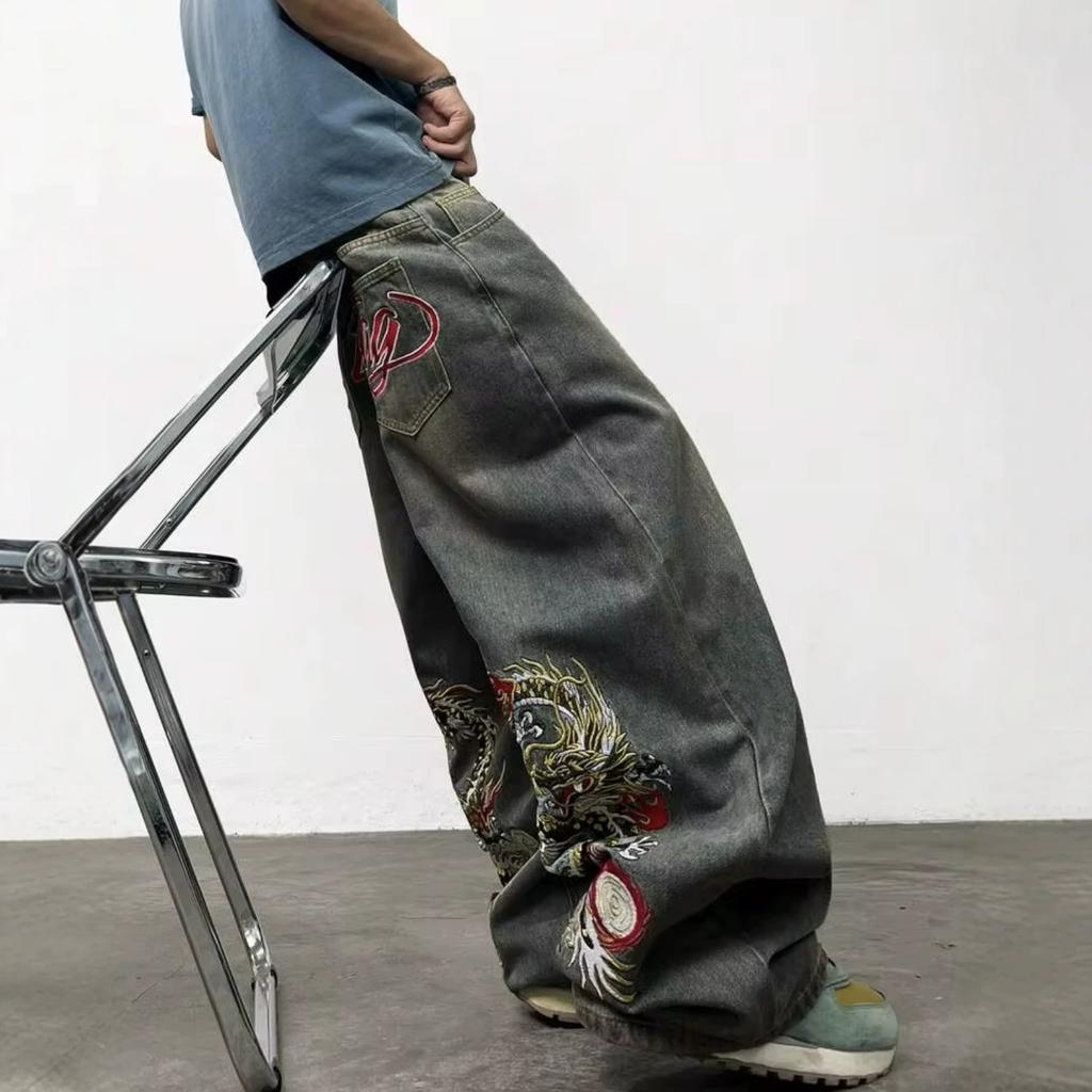 European, American autumn and winter high street loose wide-leg straight American K washed embroidered jeans