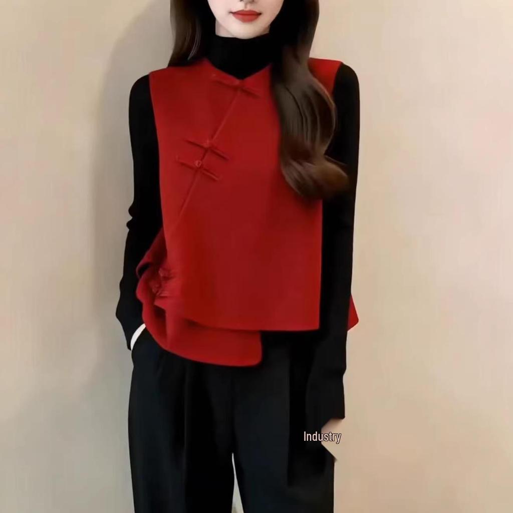 2026 Chinese Style Women's Frog Button Vest - High Collar Plain Shirt
