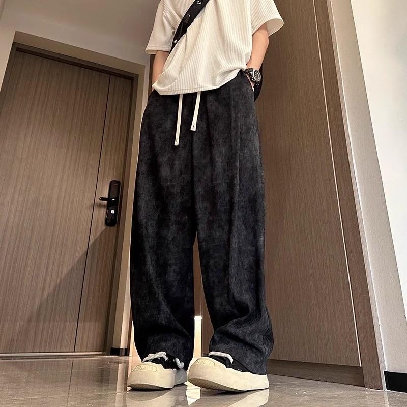 New Summer Loose Wide-Leg Casual Dirty Pants for Men, Soft and Breathable Tie-Waist Trousers