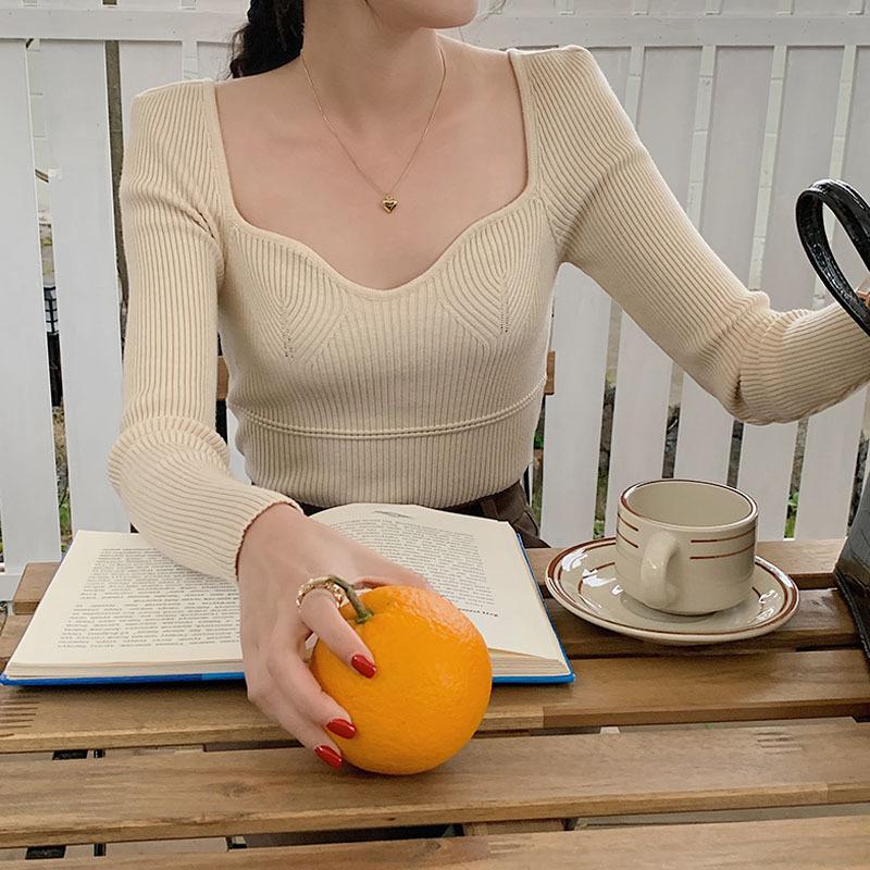 Retro French Style Square Neck Top for Women Long Sleeved Knitted Base Shirt for Women Slimming Off for Women Wearing A Thick Pullover Sweater Women