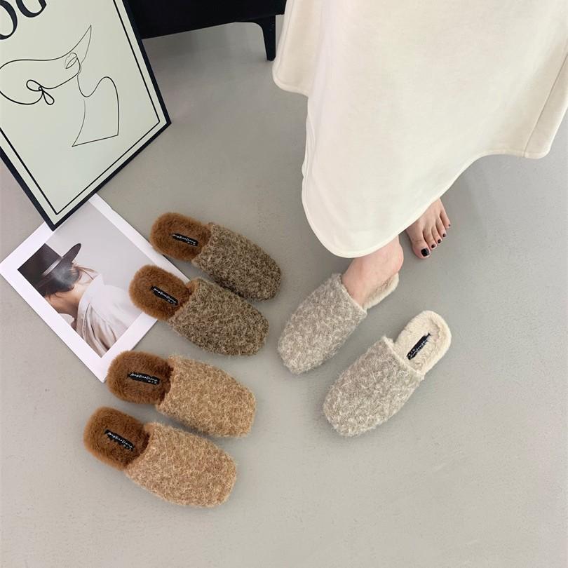 2025 new autumn and winter flat-bottomed retro bag head half slippers plush shoes cotton mop