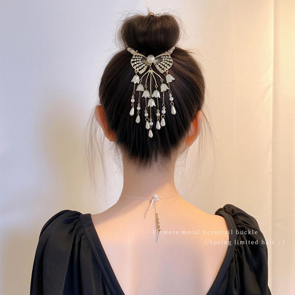 Elegant Tassel Hair Claw Rhinestone Pearl Flower Tassels Hair Clip Women Girl Ponytail Holder Hairpins Fringe Hair Accessories