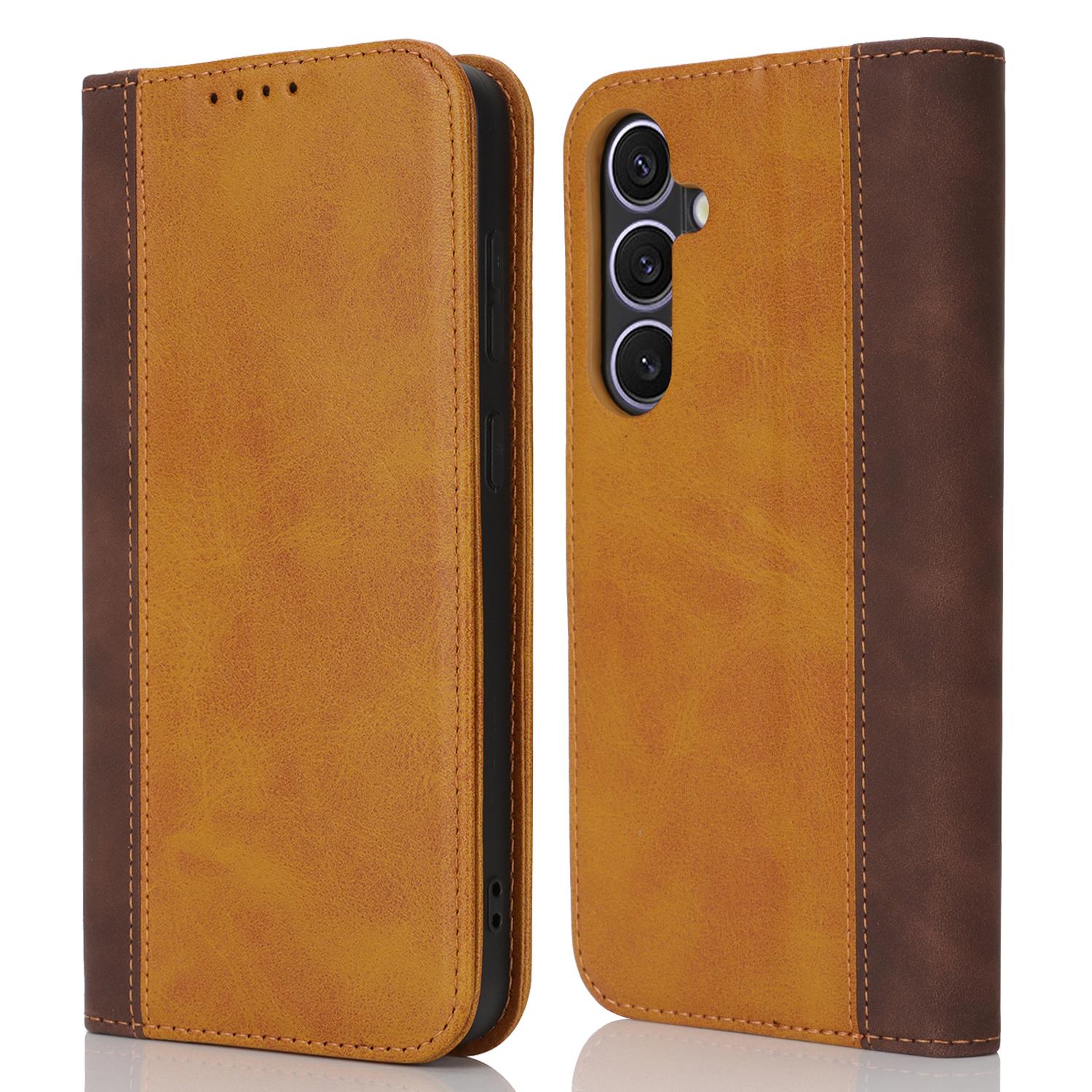 

For Samsung Galaxy S24+ Case Calf Texture 3 Card Slots Color Splicing Leather Phone Cover Yellow+Brown