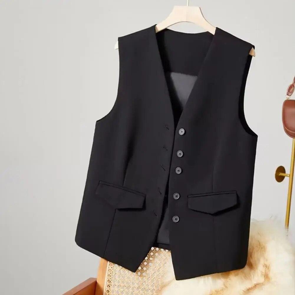 Damen-Anzugweste, elegante Damen-Businessweste mit V-Ausschnitt, ärmellose Weste für Büro, Pendler, einfarbig, einreihig