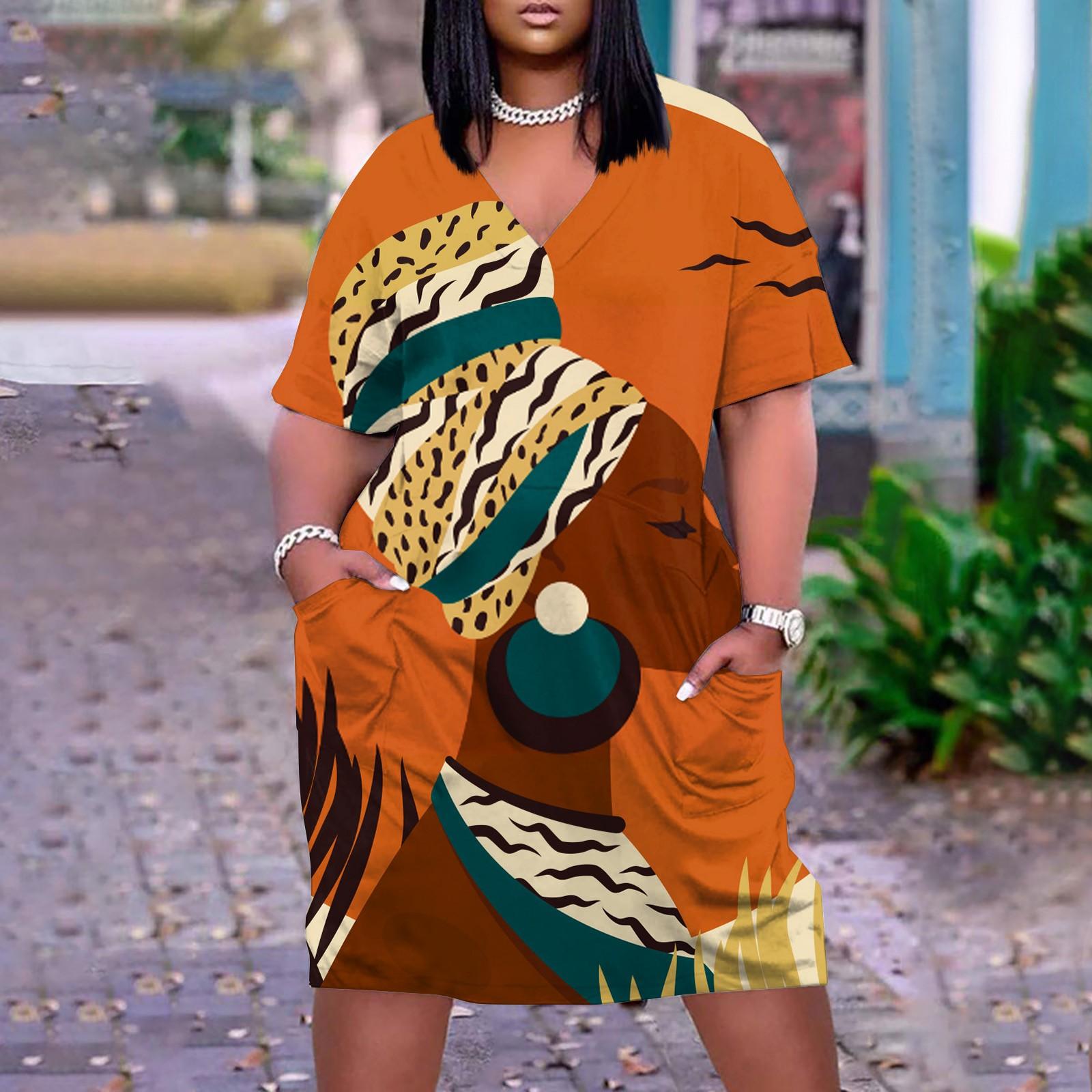 

Большое платье, женское летнее платье с v-образным вырезом, платье с короткими рукавами и принтом, с карманами XL имбирный