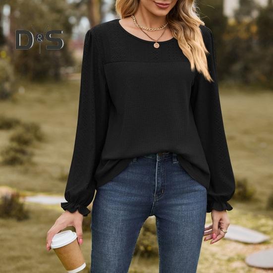 Women Tops Round Neck Puff Long Sleeve Solid Color Tee Shirt with Waffle Decoration Solid Color Loose Fit T-shirt