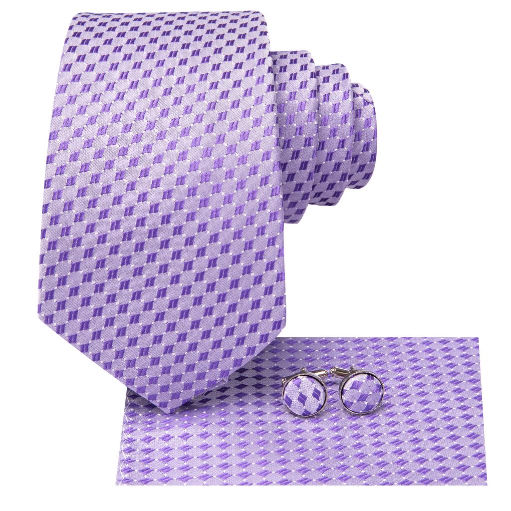 Hi-Tie Men's Silk Tie Diamond Check Ties Satin Solid Color Violet Prom Party Wedding Set