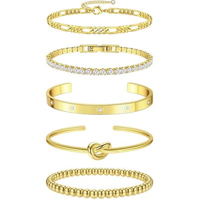 JeryWe 5-Piece 16K Gold Bracelet Set for Women - Thick Gold Stackable Chain Bracelet with Zirconia - Wrist Accessory Set