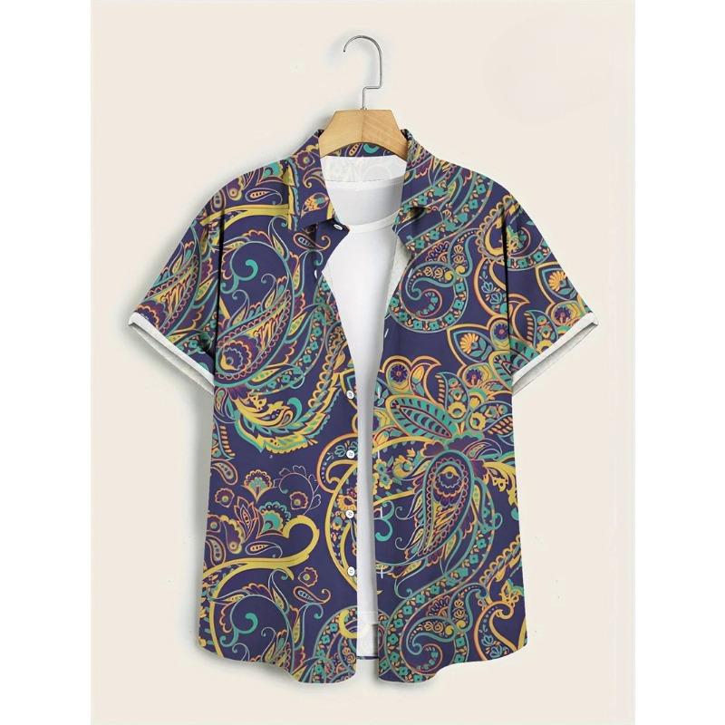 Camisas Havaianas para Homens T-shirt Casual de Manga Curta com Estampa Paisley 3D Gola Lapela Botões Tops Masculinos Verão Oversized Boêmio Camisetas Masculinas