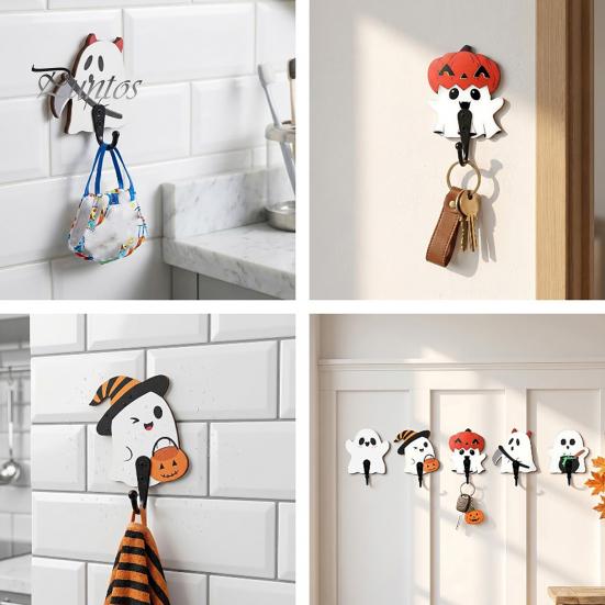Small Bag Hanger for Bathroom Halloween Themed Wall Hook, Decorative Ghost Pattern Key Hanger, Self Easy Install Adhesive Hook Backing Wood