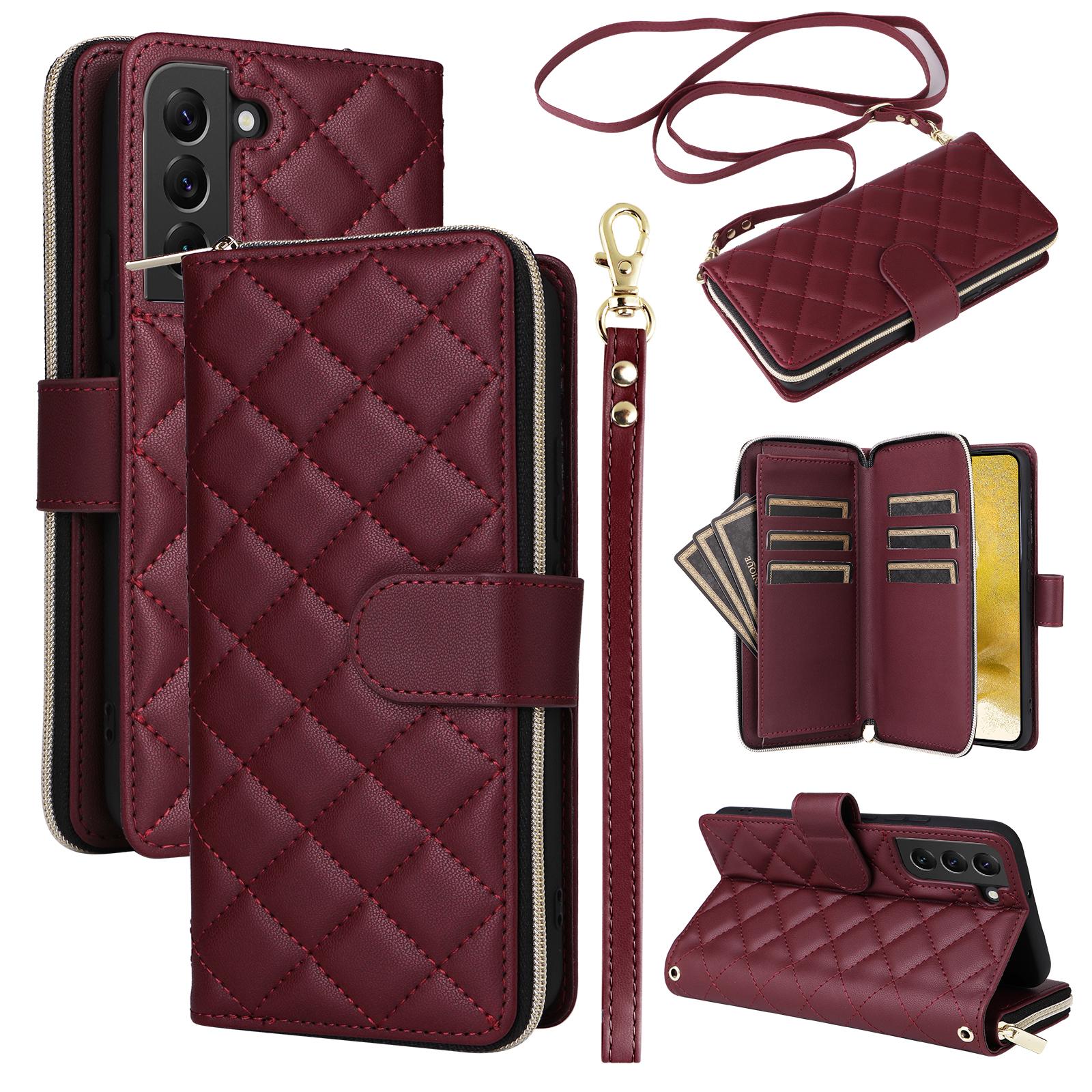 

Чехол для Samsung Galaxy S22+ 5G Кожаный чехол для телефона с ромбовидным карманом на молнии и ремешками Wine Red