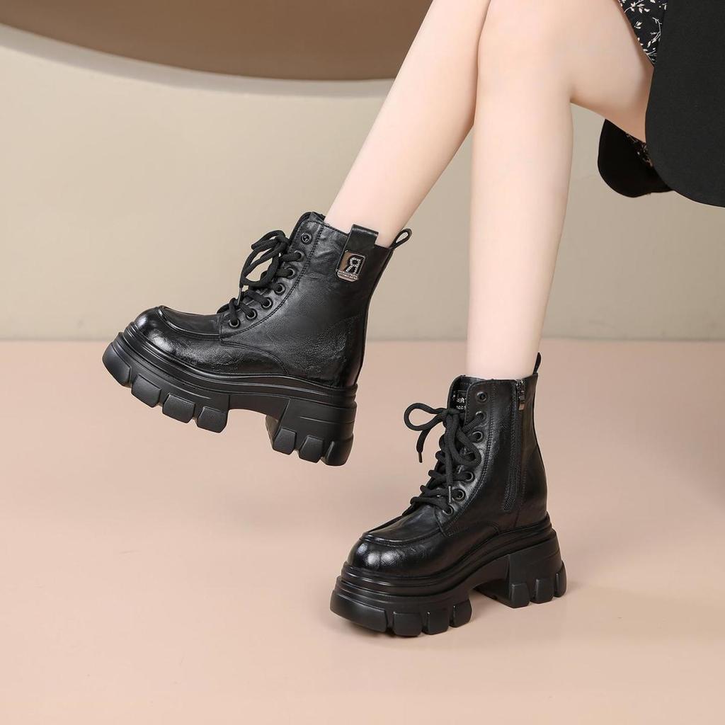 Soft leather Martin boots, thick-soled fur integrated thermal snow boots, British short boots
