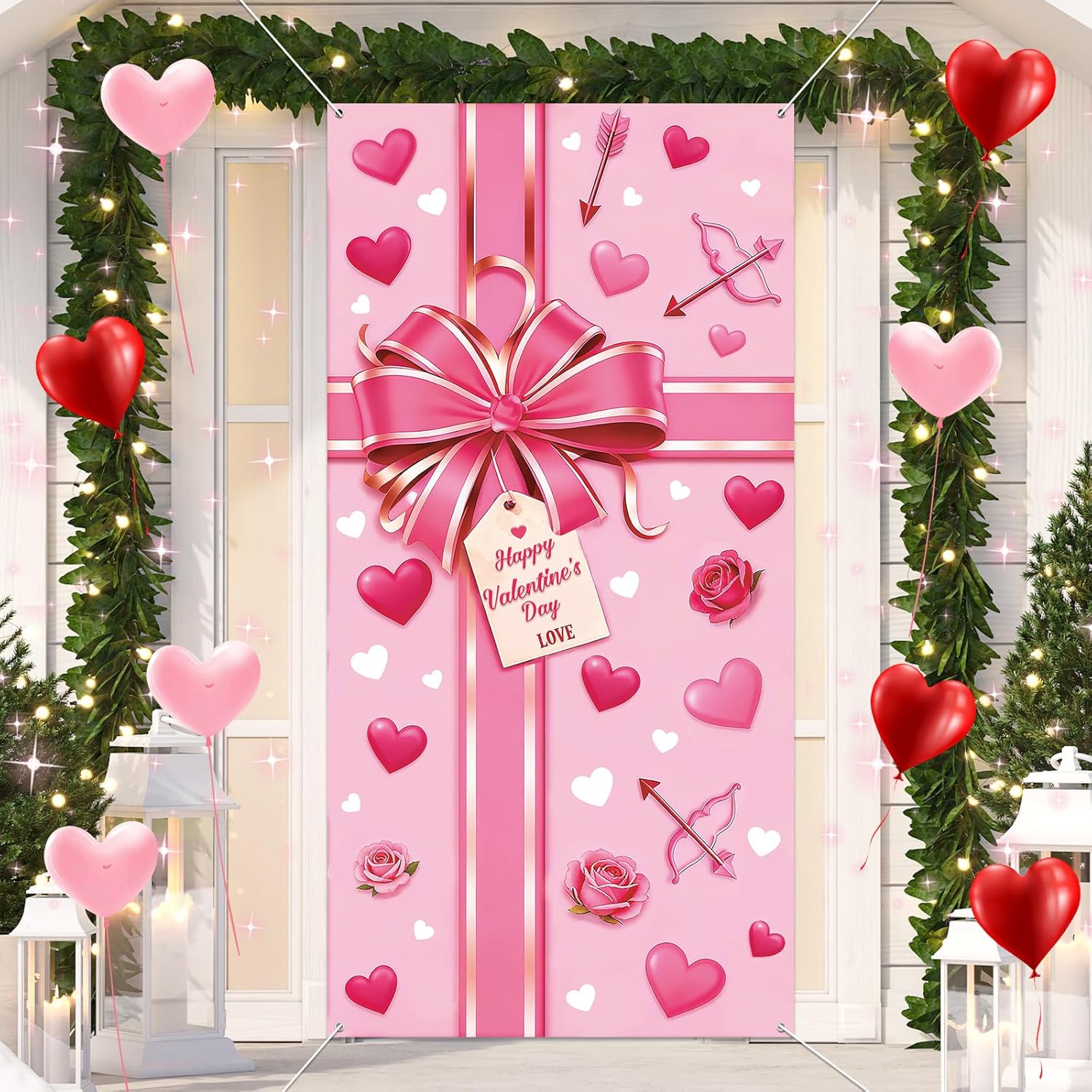 Happy Valentine s Day Door Cover Decoration Pink Bow Gift Box Door Banner Valentines Day Love Heart Hanging Banner Valentine Present Backdrop for