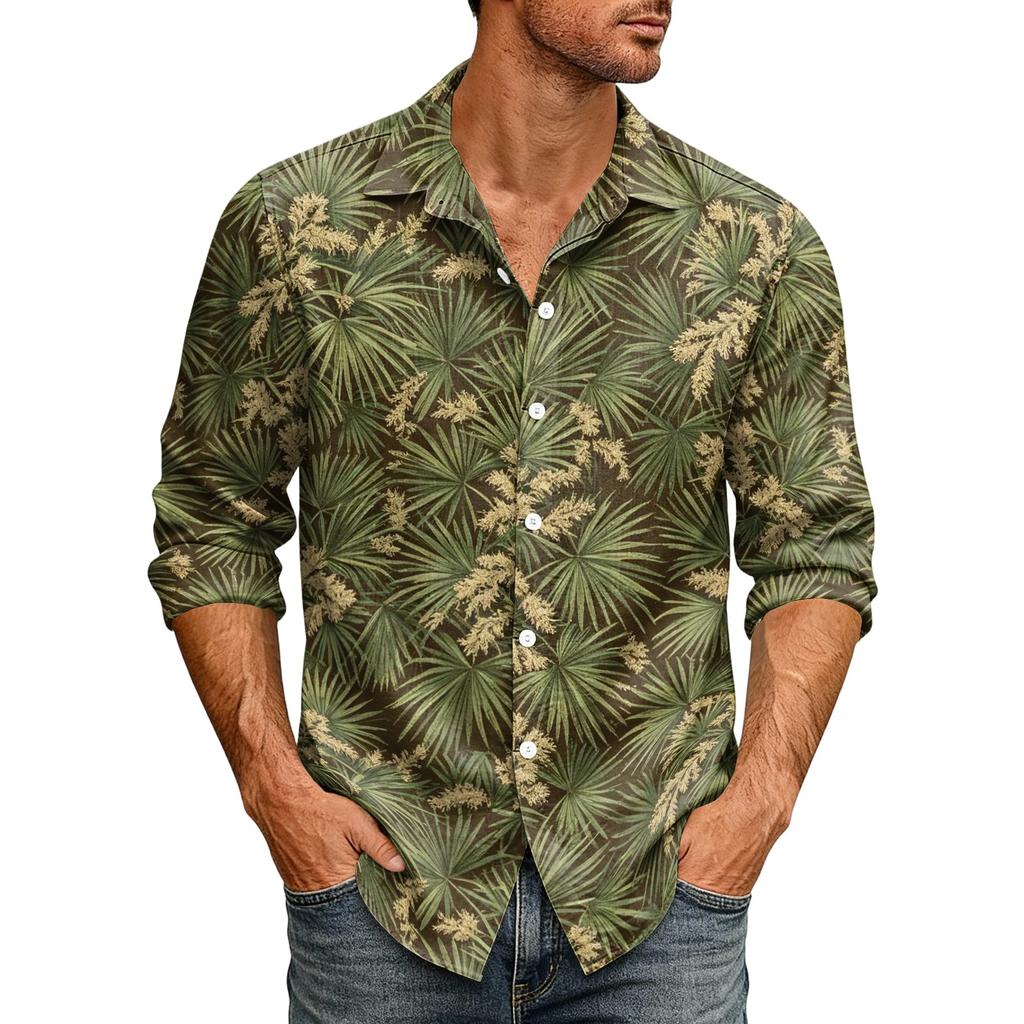 Men's Loose Fit Long Sleeve Button Down Shirt Hawaiian Style Retro Casual Beachwear Shirt with Spread Collar Suitable for Spring and Autumn