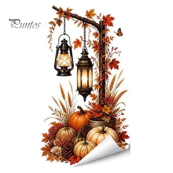 Thanksgiving Window Clings Autumn Pumpkin Street Lamp & Maple Leaves Wall Sticker, Waterproof PVC Fall Harvest Atmosphere Decor Decal, Decorative Peel