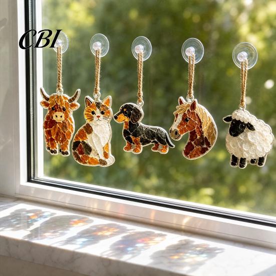 Garden Hanging Ornaments 5Pcs Acrylic Suncatcher Window Hangings, Sea Glass Collage Kit with Birds Farm Animals Marine Creature Decorations