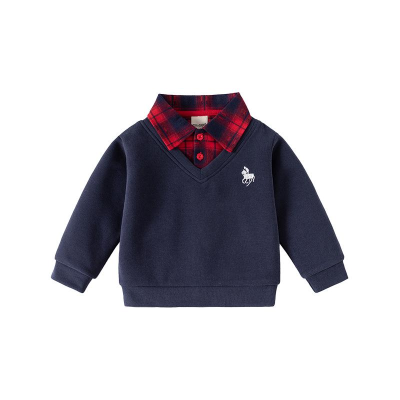 Spring new Korean version of boys' fake two-piece sweater children's shirt collar jacket baby V-neck top children's clothing