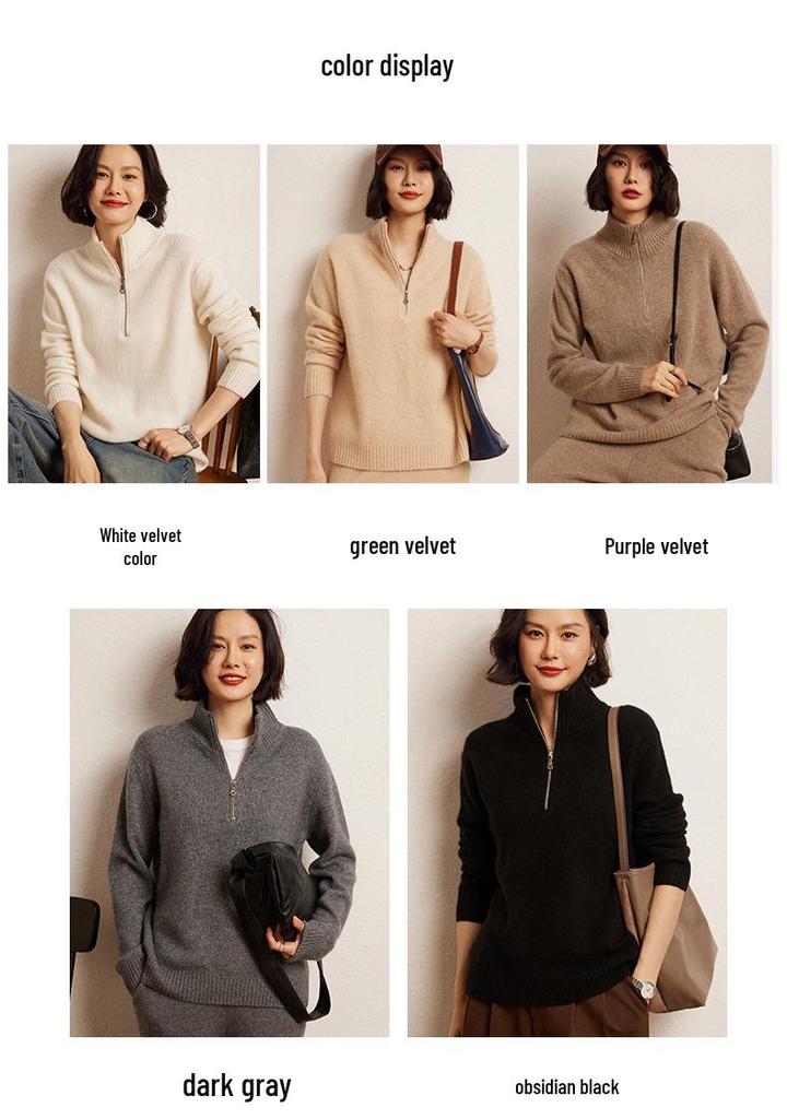 Women's Cashmere Half-Zip Hoodie Sweater - 2024 Autumn/Winter Collection