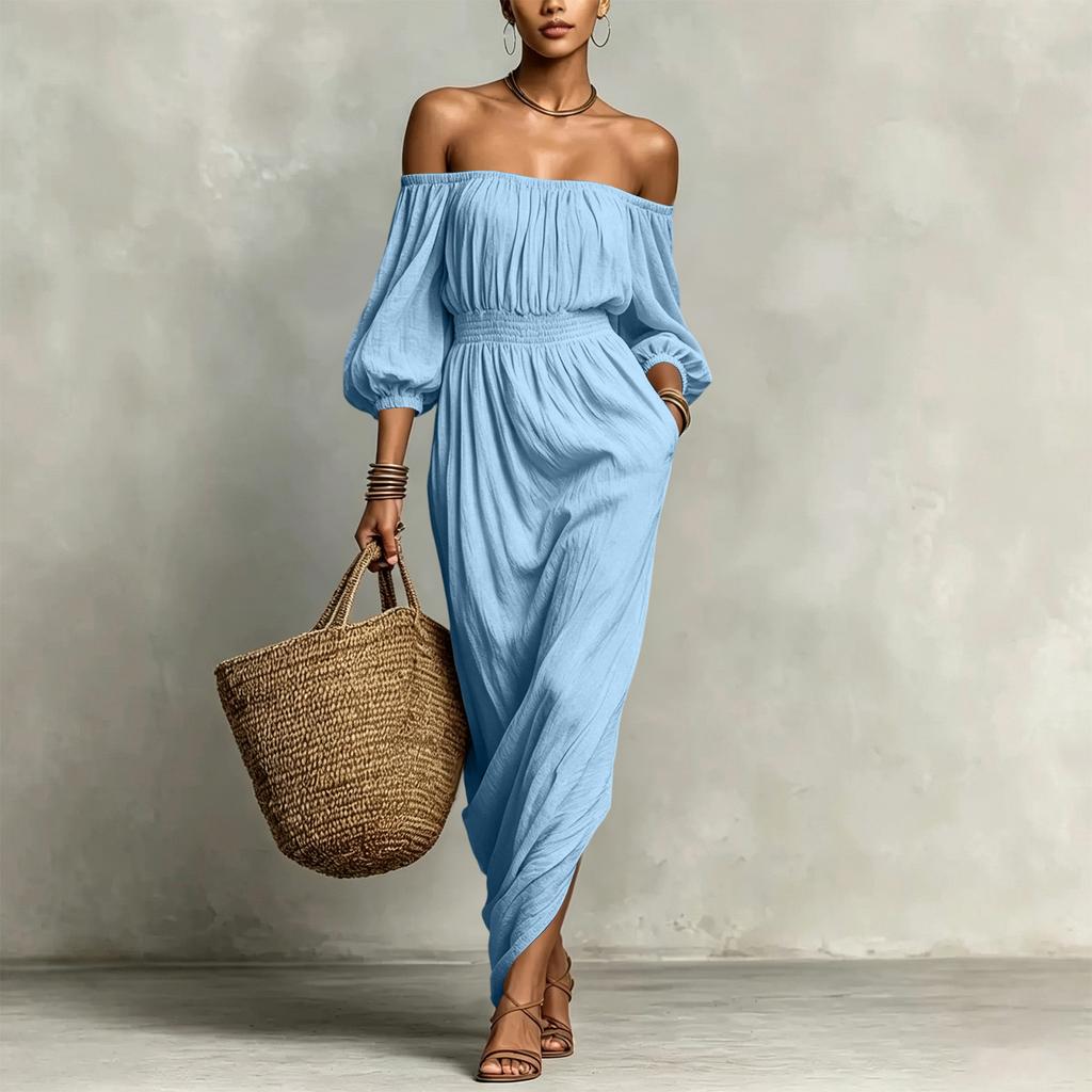 Vestido Casual de Color para Mujer con Hombros Descubiertos para Vacaciones