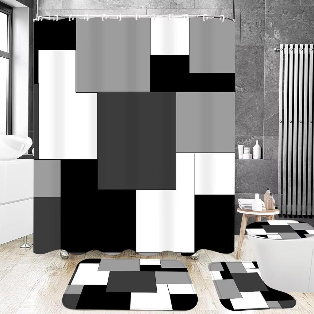 4Pcs Black Marble Shower Curtain Sets with Rugs Gold Bathroom Sets with Shower Curtain and Toilet Lid Cover Modern Bathroom Deco