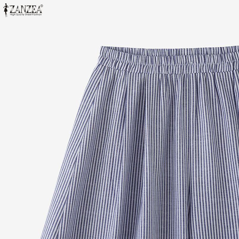 ZANZEA Women Casual Elastic Waist Loose Stripe Print Wide Leg Pants