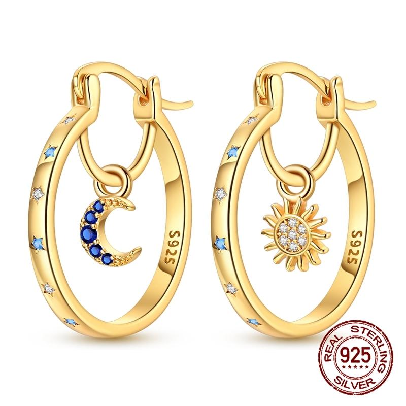 925 Sterling Silver Plated Asymmetrical Sun & Moon Hoop Earrings Minimalist Drop Earrings for Women Valentine's Day Jewelry Gift